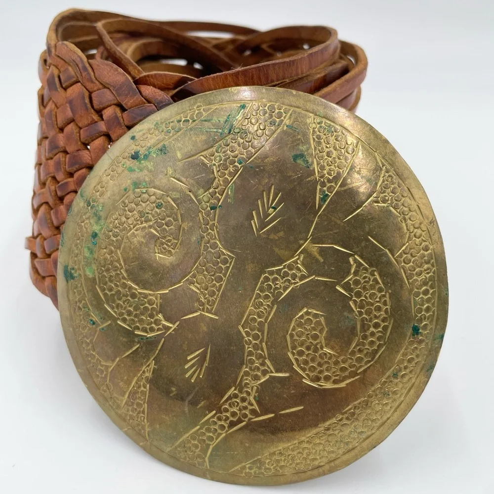 Vintage Braided Leather Hammered Medallion Belt Morocco Boho Bohemian Gypsy Y2K